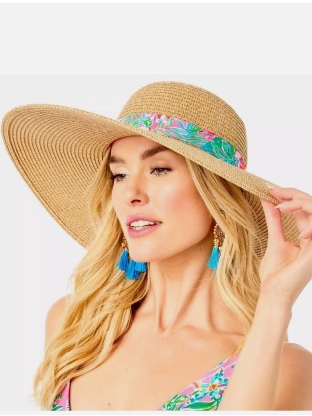 NWT—-Lilly Pulitzer Straw Wide-Brim Hat in Journey to the Jungle print